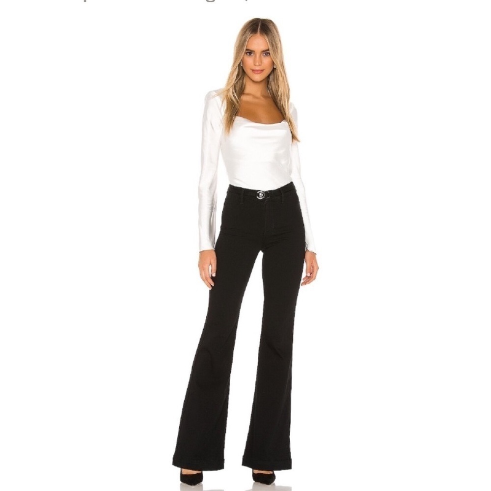 PAIGE Black Shadow Clean Front Genevieve Wide Leg Flare Jeans Buckle Detail